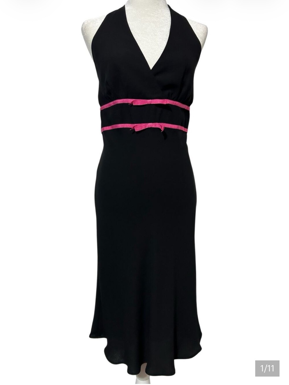 Nine West Women Size 12 Halter Knee Length Dress Black Pink Bows Lined Retro Y2K